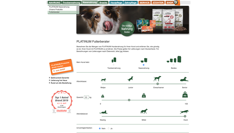Mit dem PLATINUM Futterberater kann man den Tagesbedarf für seinen Hund genauer berechnen. (Screen)